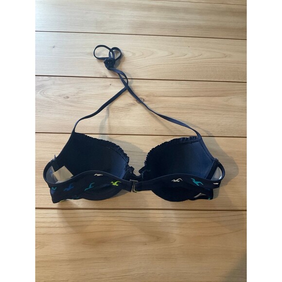 Hollister Women's Push-Up Bikini Top 34C Medium Navy Blue Logo Print Halter Swim - Picture 2 of 4